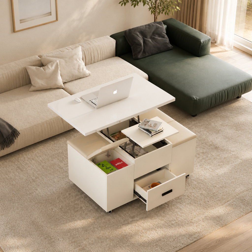 Modern Lift-Up Coffee Table With 4 Stools Set For Living Room Expandable 1 Hidden Storage 2 Drawers Space Saving Folding Dining Table