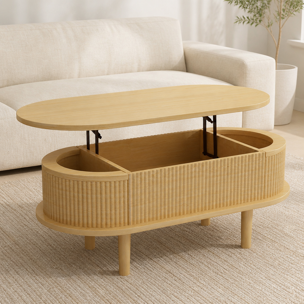 Fluted Lift Top Coffee Table With Hidden Compartment, Wooden Center Table, Modern Oval Lift Tabletop For Home Living Room Office, Natural Color