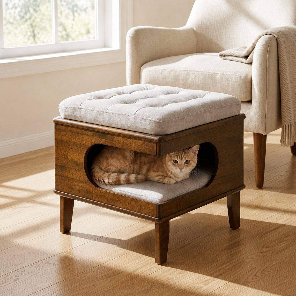 Letitia Rubber Wood Cat Bed Ottoman, 2-in-1 Tufted Pet Ottoman with Cat Cave, Multi-Functional Footstool with Cat Hideaway, Walnut Finish