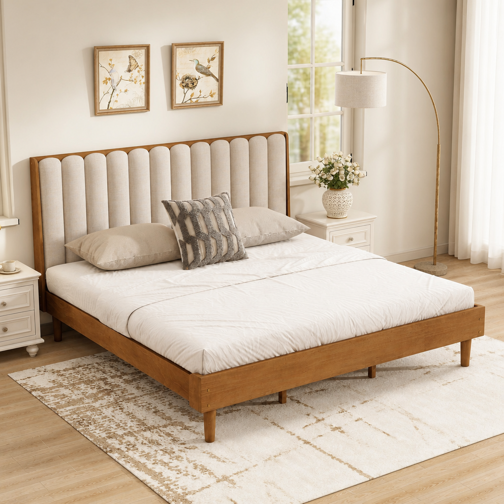 King Size Wood Bed With Piano Key Style Upholstered Headboard , Wood Bed With Strengthened Bed Frame ,Wheat
