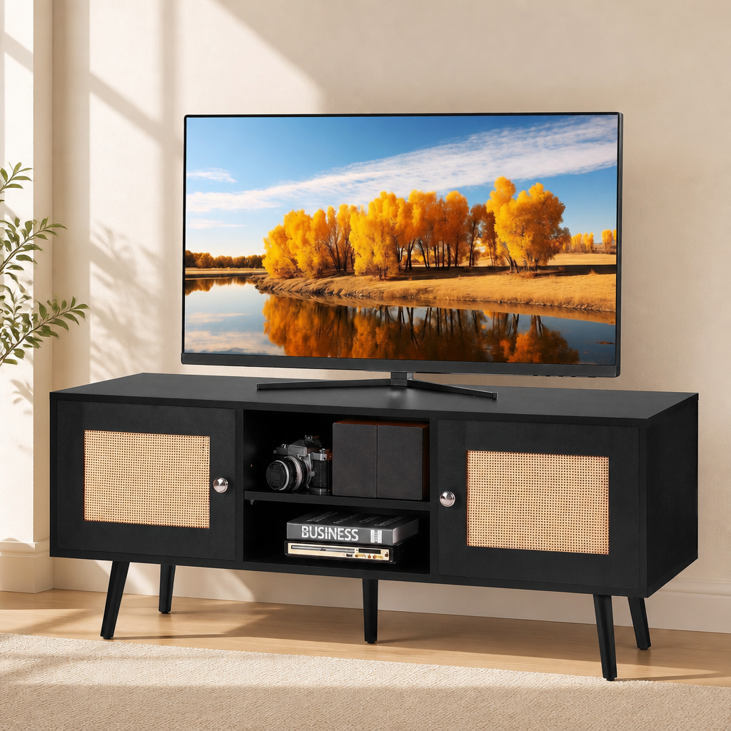 Rattan TV Stand, Boho TV Cabinet For 55 Inch TV, Mid Century Modern TV Stand, Rattan TV Console With Adjustable Shelfs For  Living Room, Media Room, Black