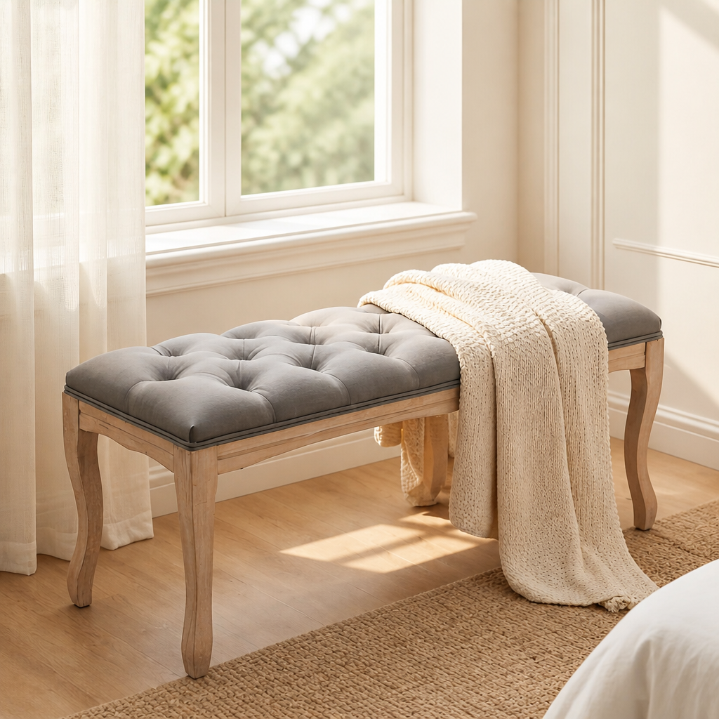 Bedroom Bench, French Vintage Tufted Entryway Bench, 43.3" Carving Upholstered End of Bed Bench with Distressed Wood Legs, Linen Ottoman Seat for Living Room, Foyer, Dining Room