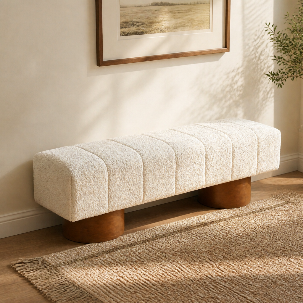 Beige Boucle Upholstered Indoor Dining Bench, Rubber & Plywood Frame, 61.02" L Modern Accent Bench, 250 lbs Capacity