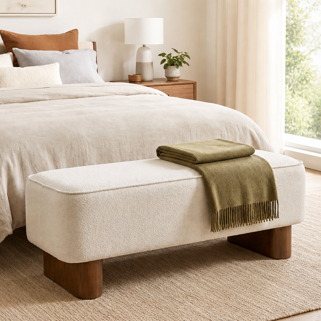 Modern Upholstered Ottoman Bench, Thickly Padded Footrest with Warm Beige Fabric & Brown Rubberwood Legs, Indoor Accent Ottoman