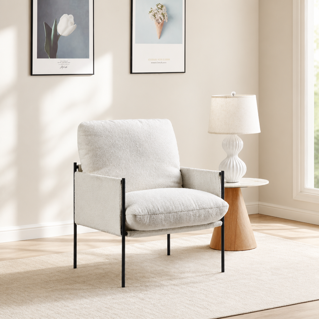 Modern Accent Chair, Comfy Chair With  Removable Cushion, Vanity Chair With Wood Armrests For Living  Room, Bedroom, White