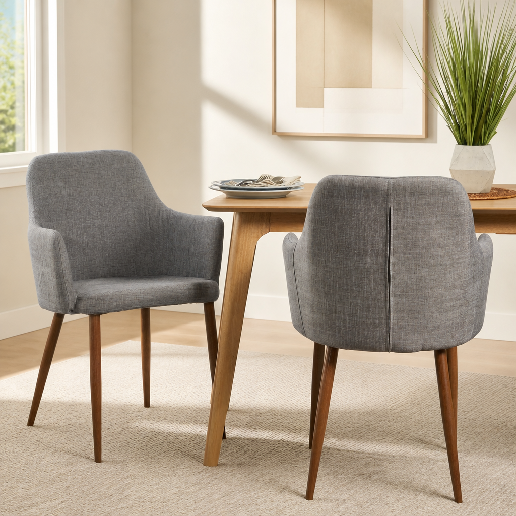 Mid Century Modern Fabric Upholstered Dining Chairs Armchairs, Set Of 2, Light Grey And Dark Walnut