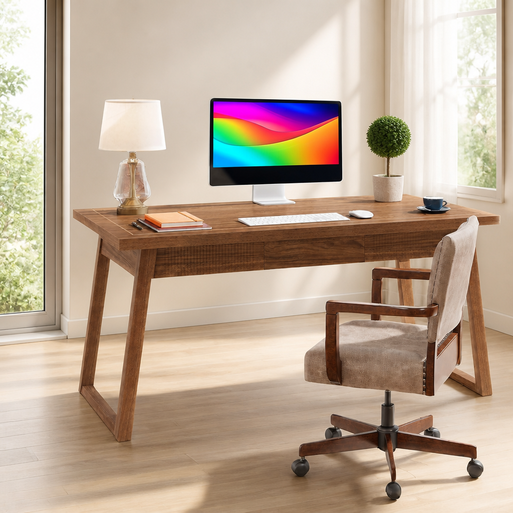 Home Office Executive Desk: 55 Inches Wooden Computer Desk With Drawer, Mid-Century Modern Study Writing Table