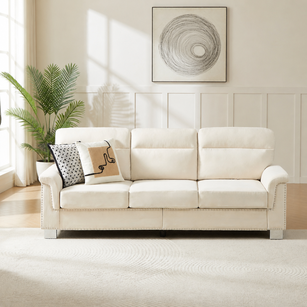 82 Modern Compressed Snowfleece Fabric 3-Seater Sofa, For Living Room, Bedroom, Office & Entertainment Spaces, Beige