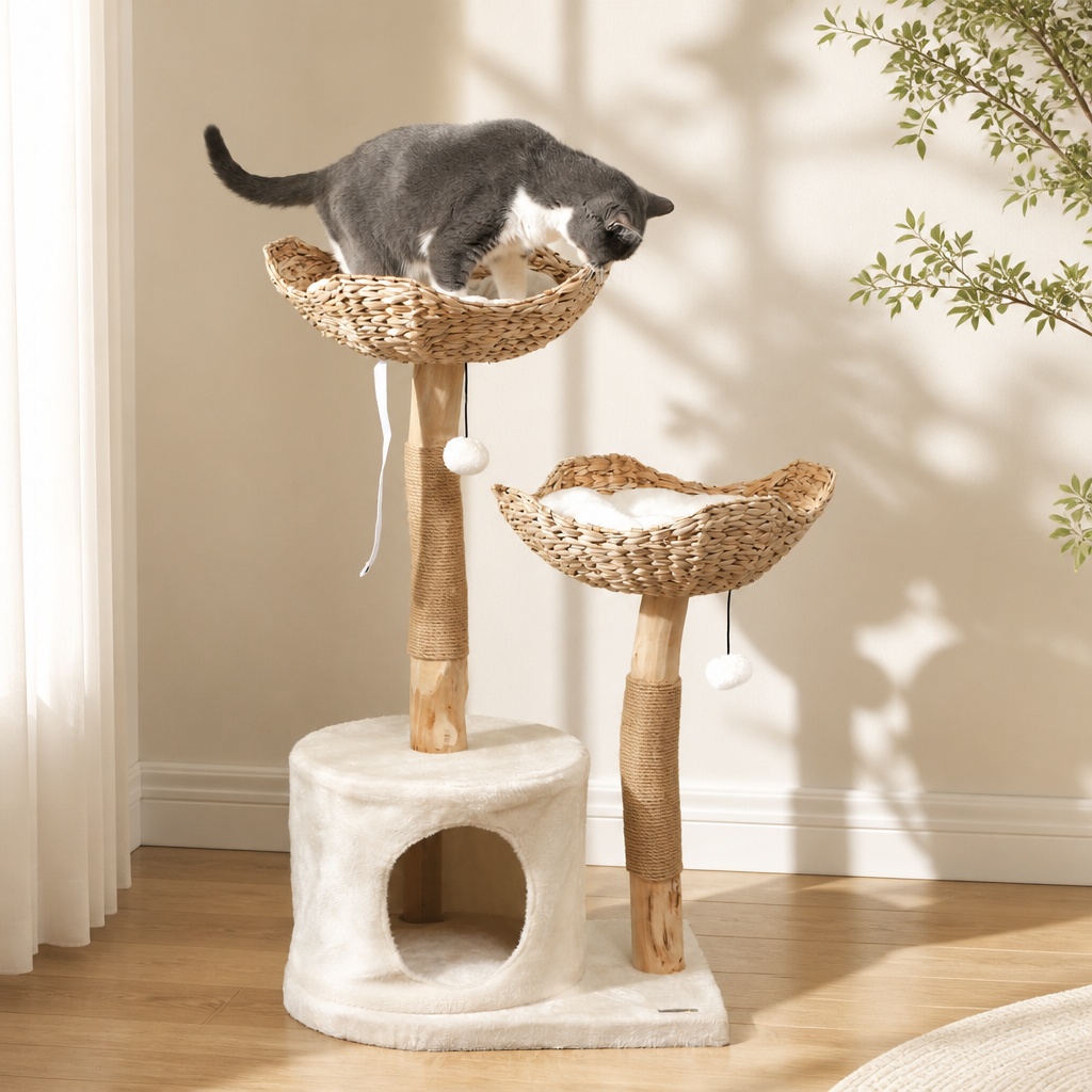 37 Inch Modern Cat Tree W/ Wooden Scratching Posts, Condo, Beds, Cushions, Toy Balls & Anti-Tip Kit