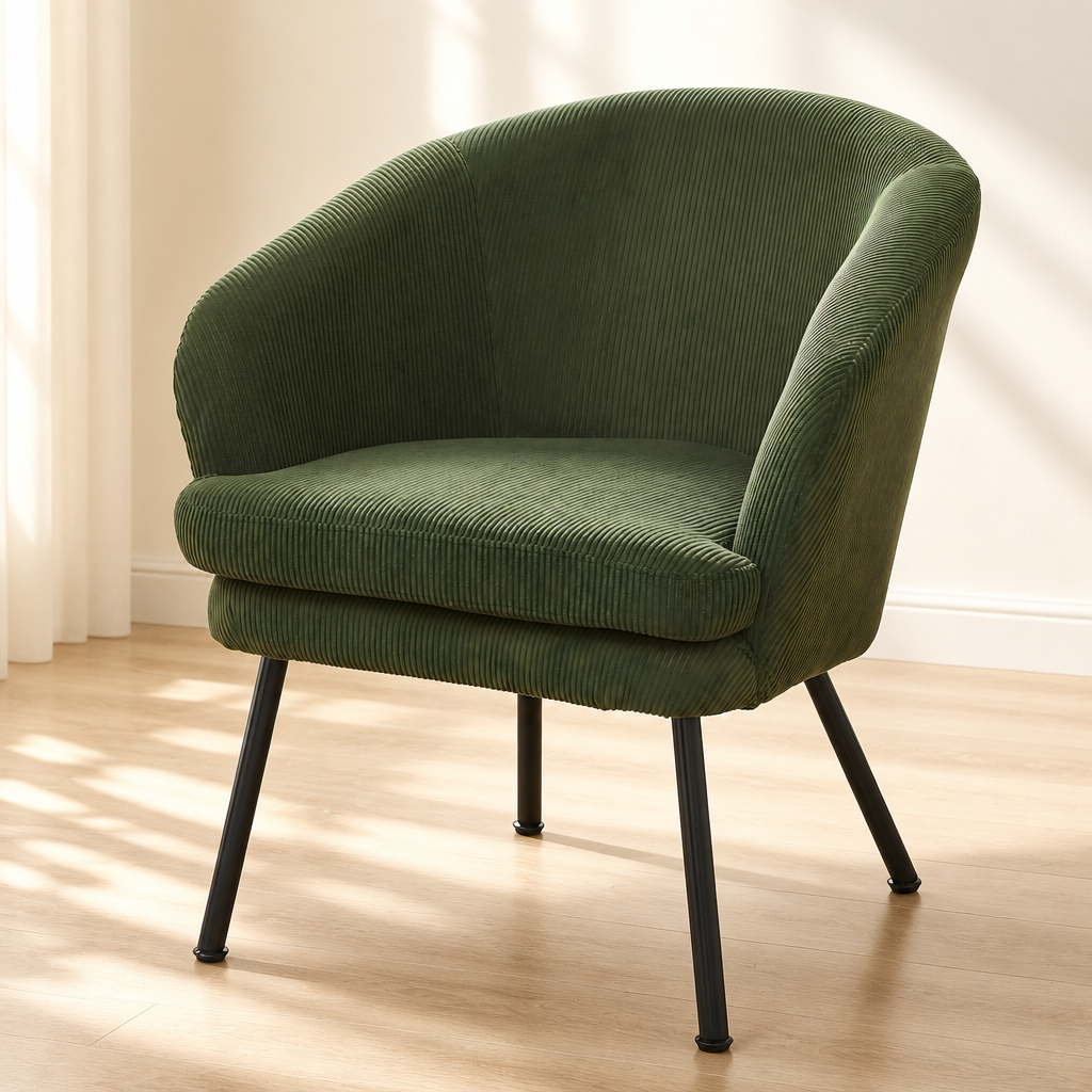 Corduroy Accent Chair With Black Metal Legs, Modern Upholstered Armchair, Comfy Barrel Chair For Living Room Bedroom