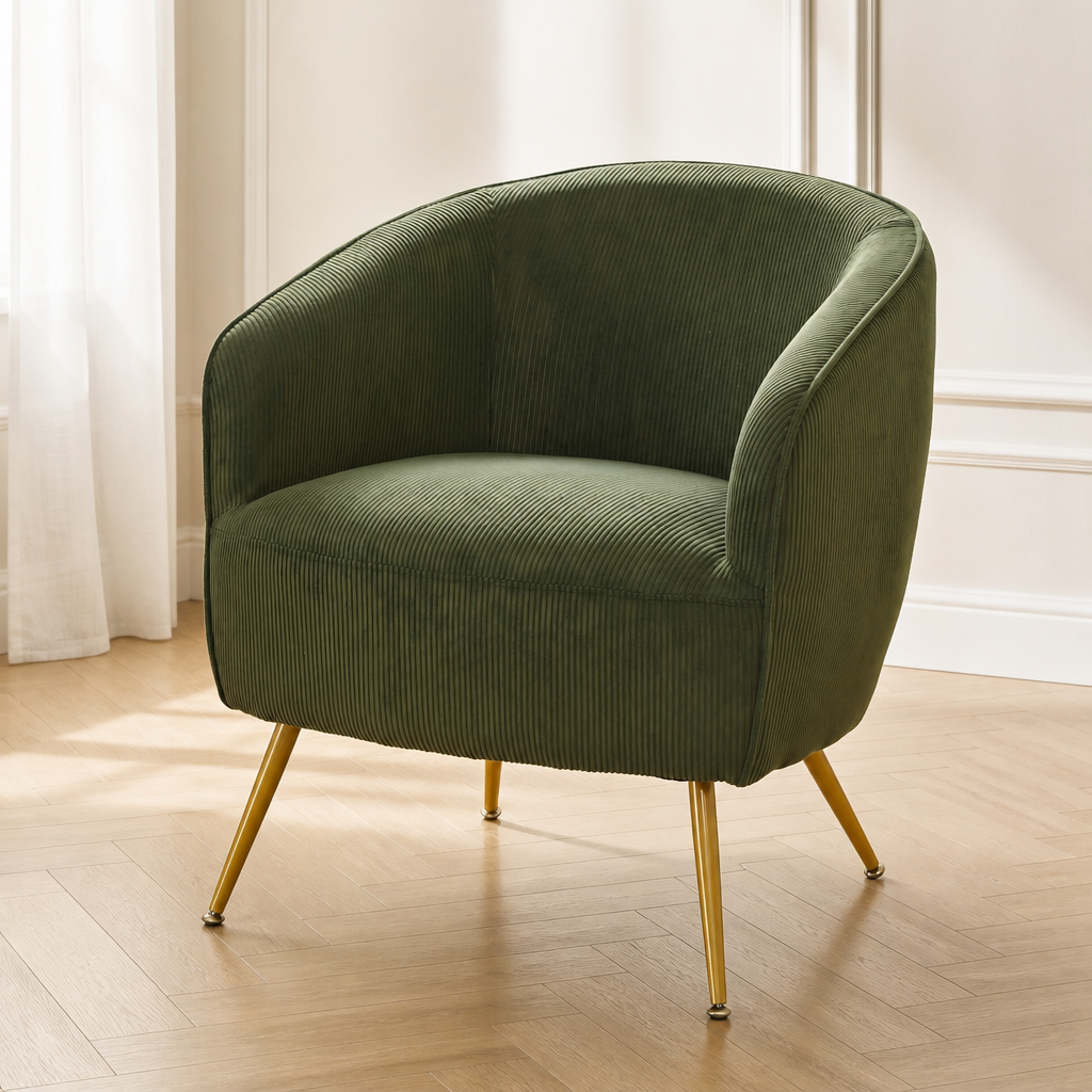 Corduroy Accent Chair With Gold Metal Legs, Modern Upholstered Armchair, Comfy Barrel Chair For Living Room Bedroom
