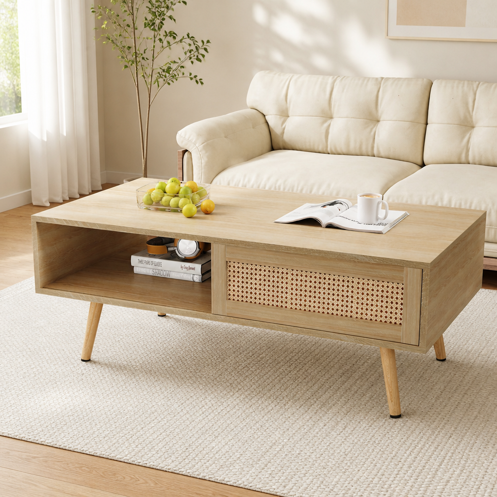 41.34 Rattan Coffee Table, Sliding Door For Storage, Solid Wood Legs, Modern Table  For Living Room , Natural