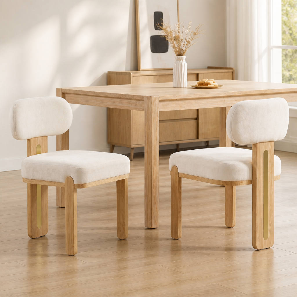 Modern Minimalist Round Upholstered Dining Chair with Solid Rubber Wood Legs(Sef of 2),Natural+Beige