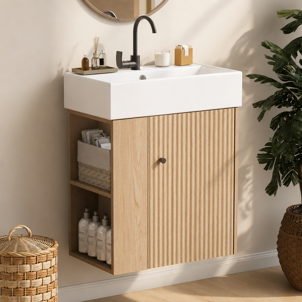 21.6 Inch Modern Floating Bathroom Vanity With Ceramic Basin - Perfect For Small Bathrooms, Left Side Storage