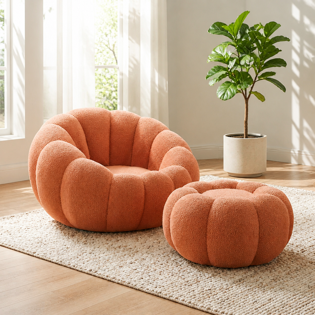 Single Sofa Chair Pumpkin Shape Round Chair Accent Reading Relaxing Modern Lounge With Footstool Brown