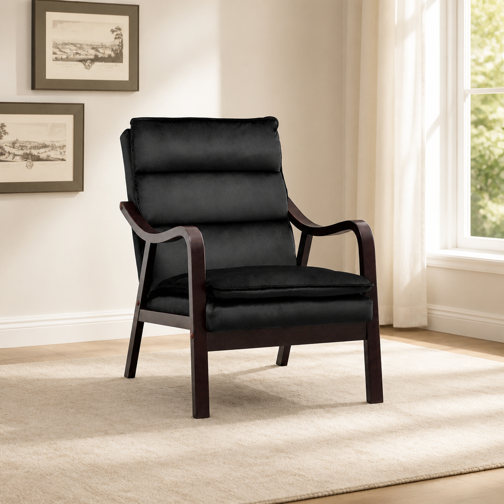 Mid-Century Modern Black Accent Chair With Wood Armrest, Upholstered Reading Chair For Living Room Bedroom