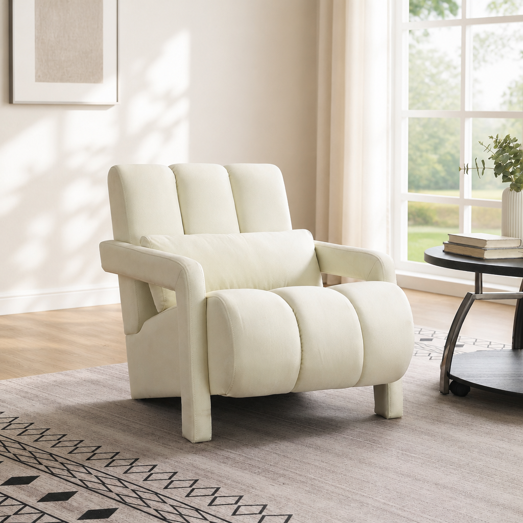 Modern Upholstered Accent Chair, Comfortable Linen Fabric With A Pillow For Living Room,bedroom. Linen, Beige