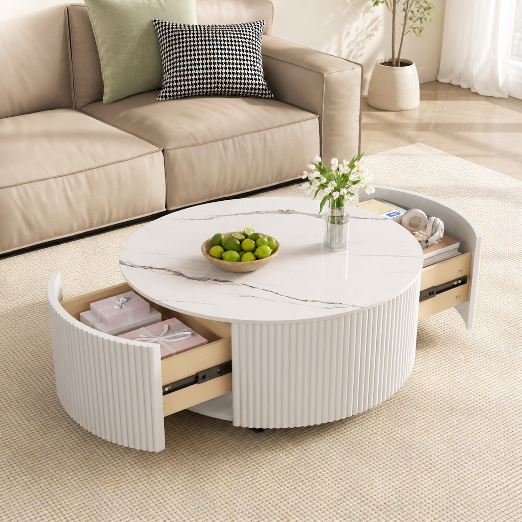 Modern Round Movable Coffee Table With Casters, 2 Drawers, Marble Pattern Sintered Stone Top, White, 29.5