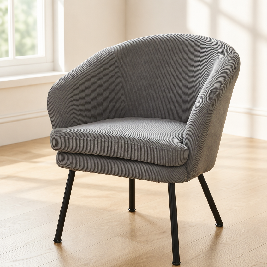 Corduroy Accent Chair With Black Metal Legs, Modern Upholstered Armchair, Comfy Barrel Chair For Living Room Bedroom