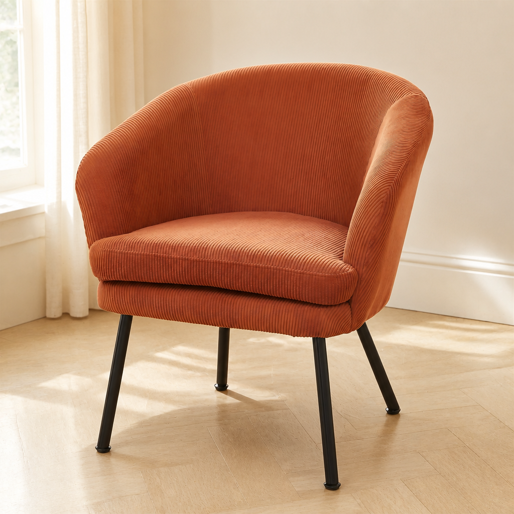 Corduroy Accent Chair With Black Metal Legs, Modern Upholstered Armchair, Comfy Barrel Chair For Living Room Bedroom