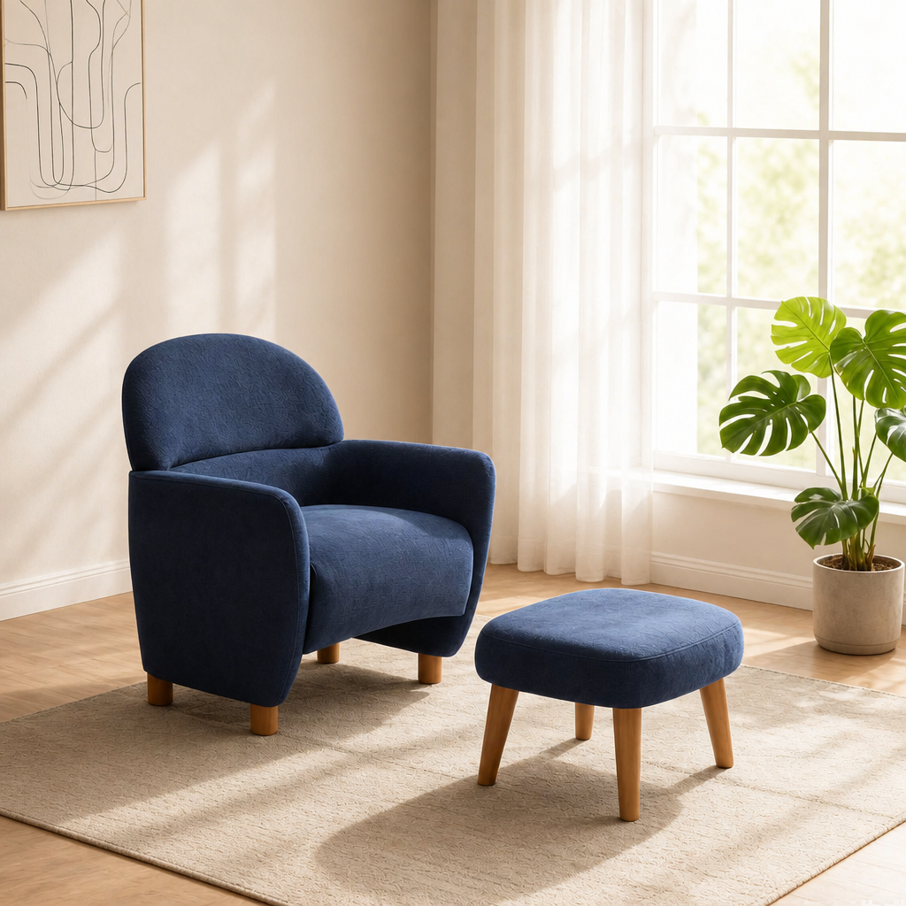 Modern Lazy Chair With Footrest Ottoman - Upholstered Leisure Sofa Chair, Reading Corner Chair For Small Space