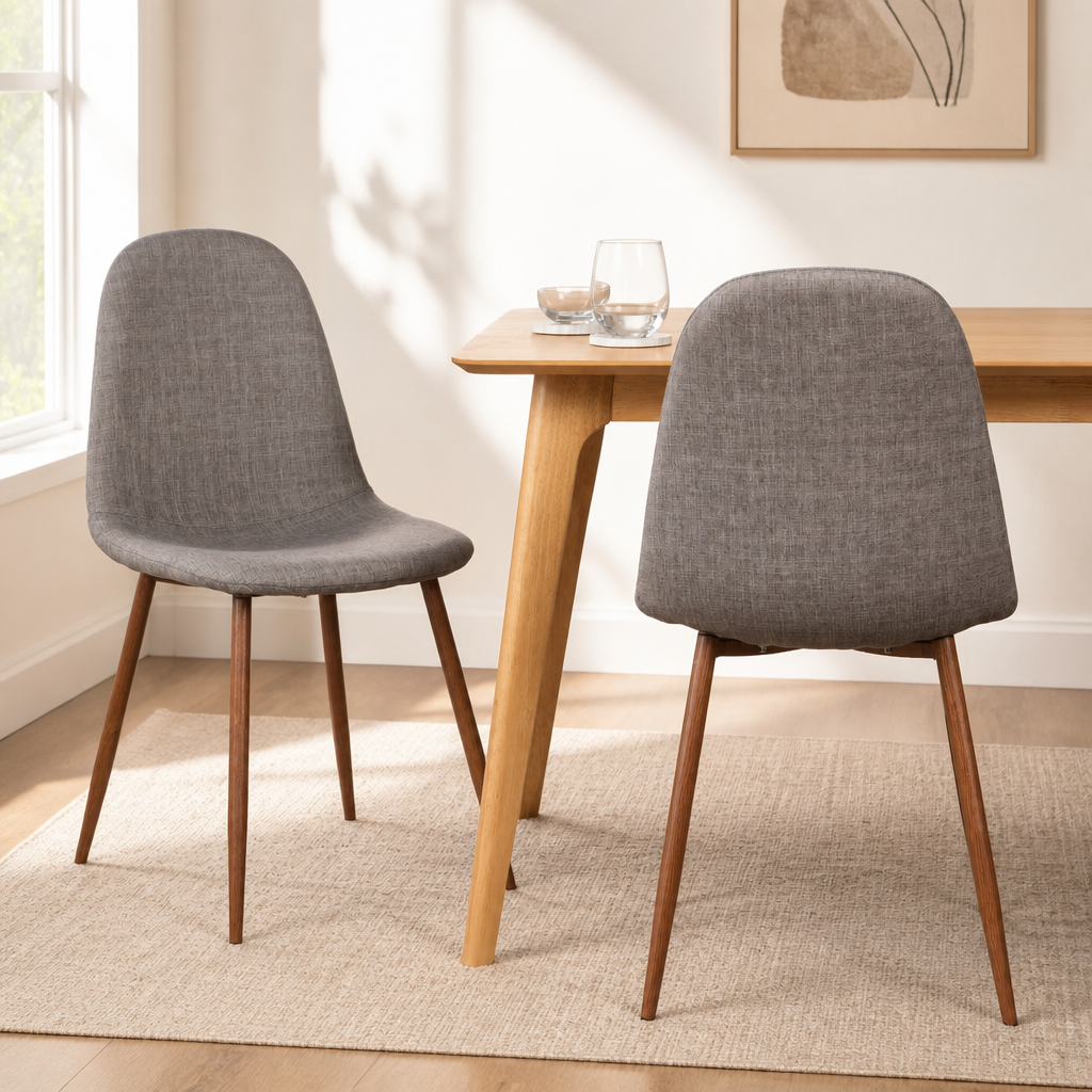 Mid Century Modern Fabric Upholstered Dining Chairs, Set Of 2, Light Gray And Dark Walnut Finish