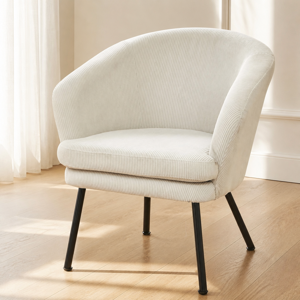 Corduroy Accent Chair With Black Metal Legs, Modern Upholstered Armchair, Comfy Barrel Chair For Living Room Bedroom