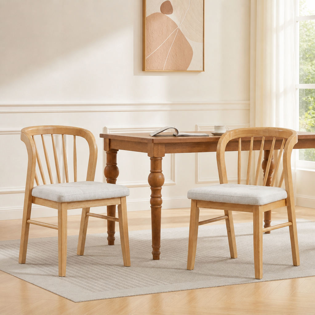 Mid-Century Modern Rubber Wood Dining Chair With Upholstered Seat (Set of 2) ,Natural+Beige