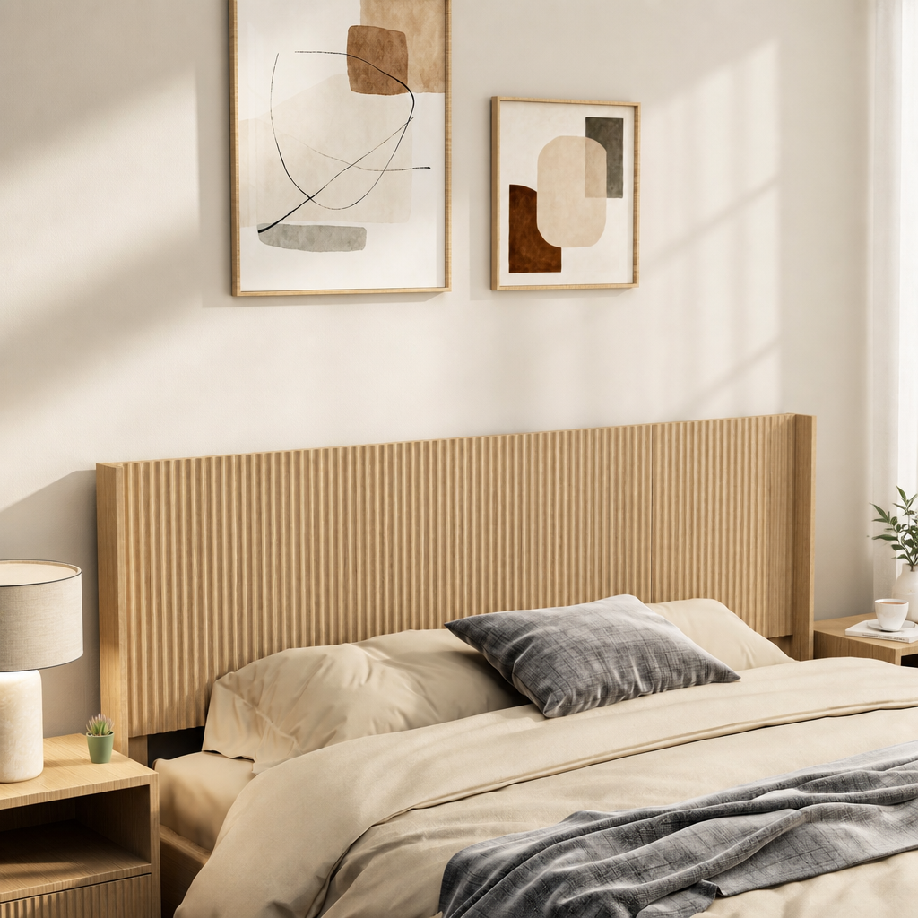 Modern Farmhouse Wood Headboard King Size 80.2 In Wide Wall Mounted Fluted Panel Wingback - Natural Oak
