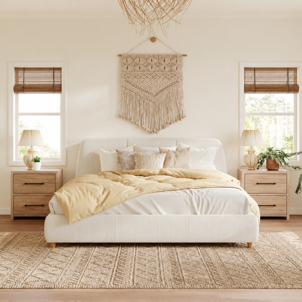 Queen Size Modern Upholstered Bed Frame With Linen Fabric And Solid Wood Legs, White