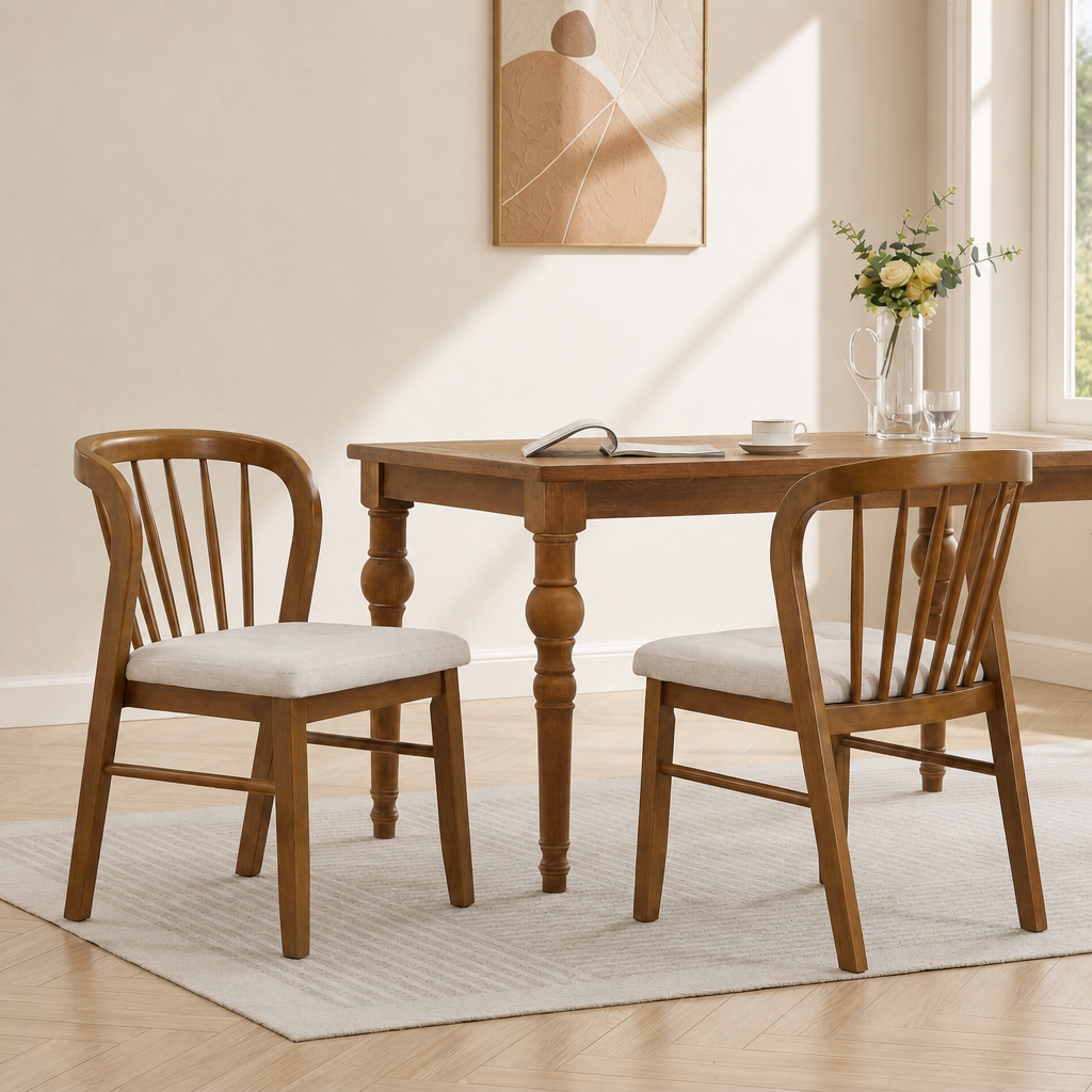Mid-Century Modern Rubber Wood Dining Chair With Upholstered Seat (Set of 2) ,Walnut +Beige