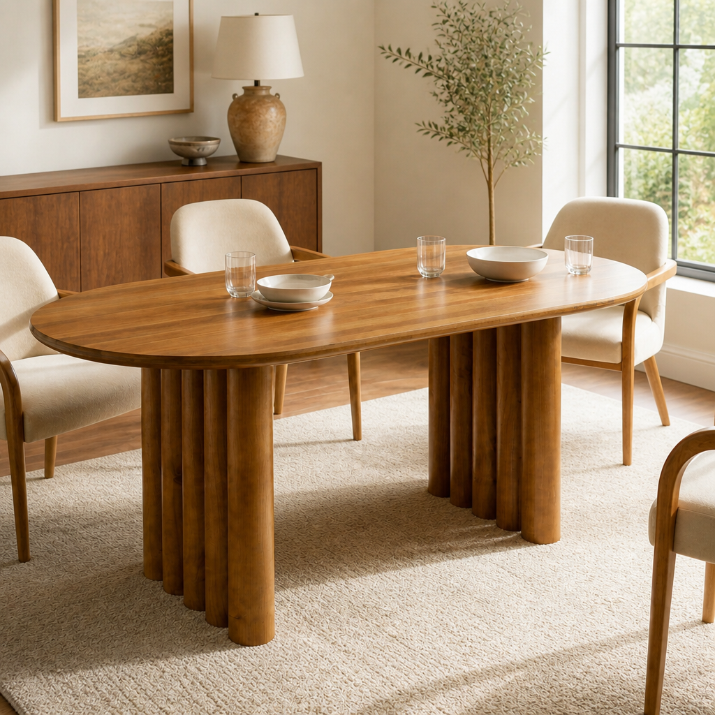 65.35" Modern Oval MDF Dining Table, Brown Kitchen Table with Unique Cylindrical Legs