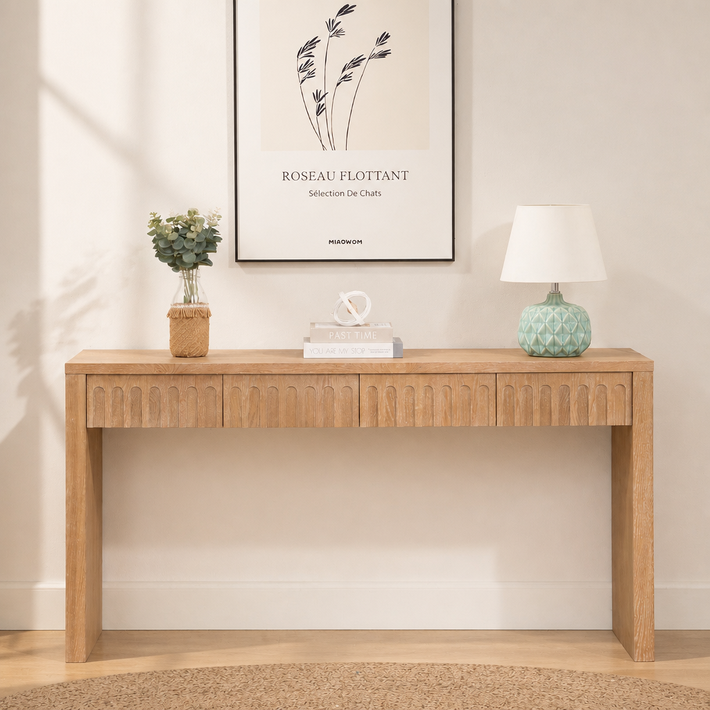 Modern Console Table With 4 Drawers  59.2  Entryway Table In Natural Wood Finish