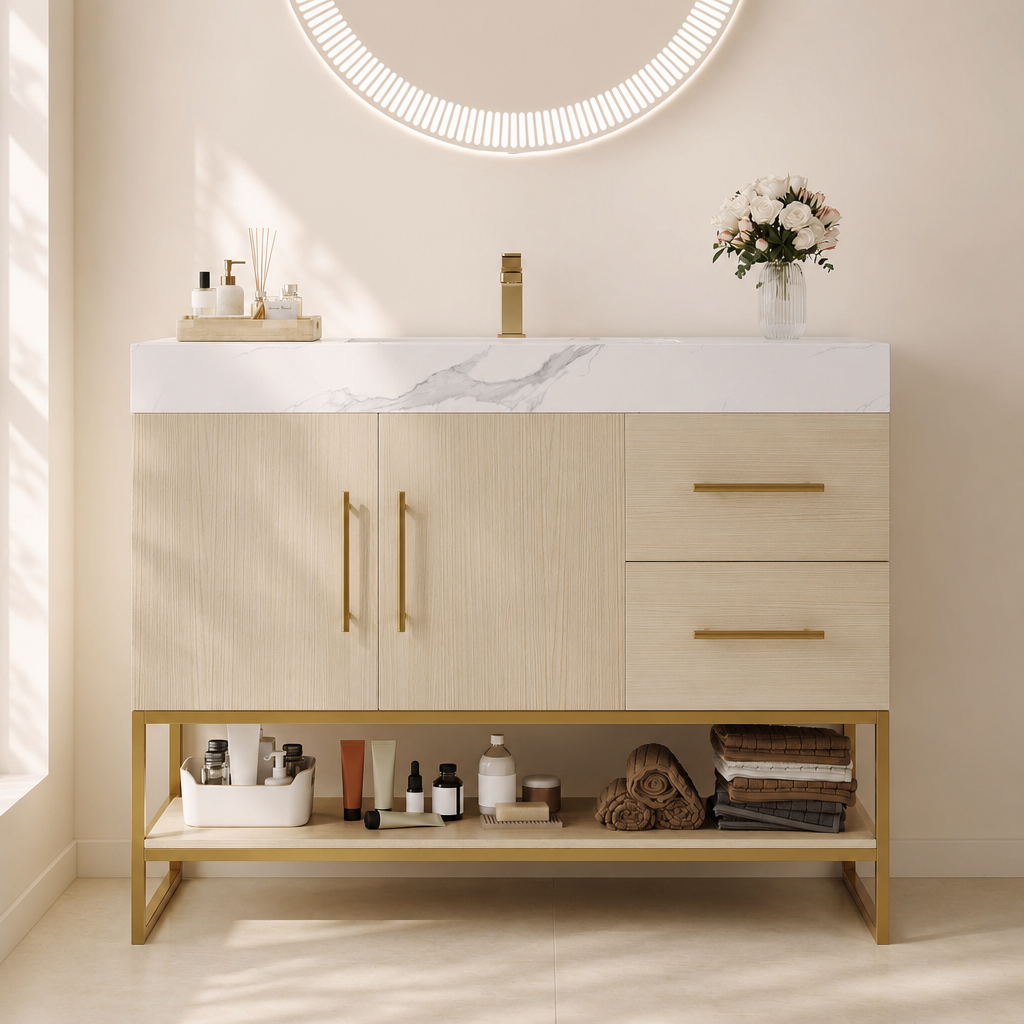 36  Modern Free-Standing Bathroom Vanity With Seamless Ceramic Sink & Sintered Stone Top