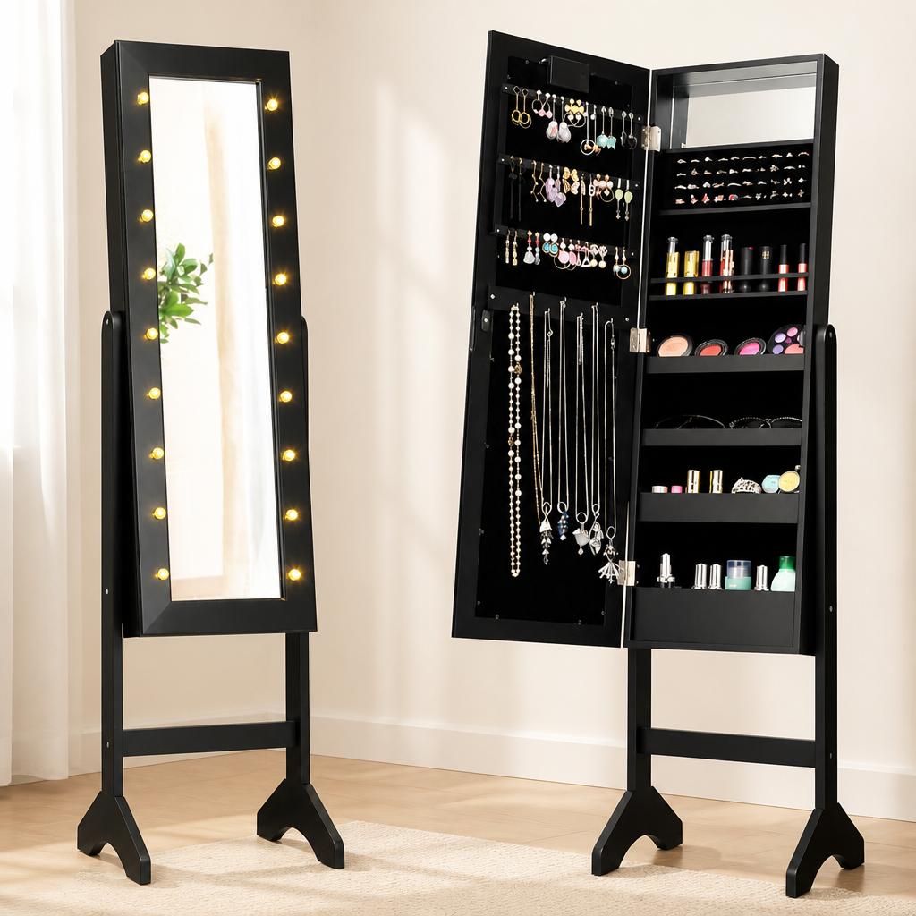 Mirrored Standing Jewelry Armoire Cabinet With LED Lights