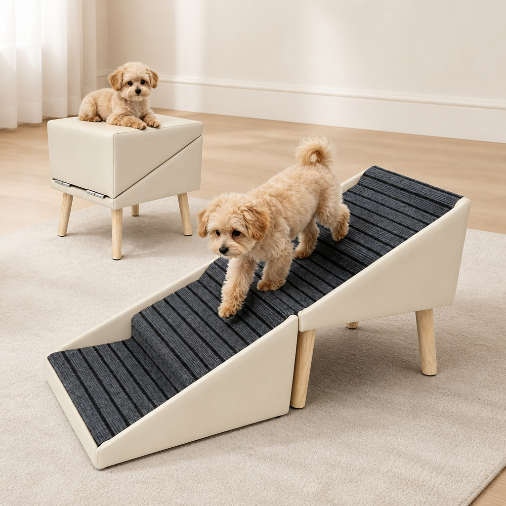 2-in-1 Dog Stairs For Bed And Couch 18.89 Foldable Dog Ramp For Couch 4 Pet Steps  & Ottoman For Small Dogs, Beige