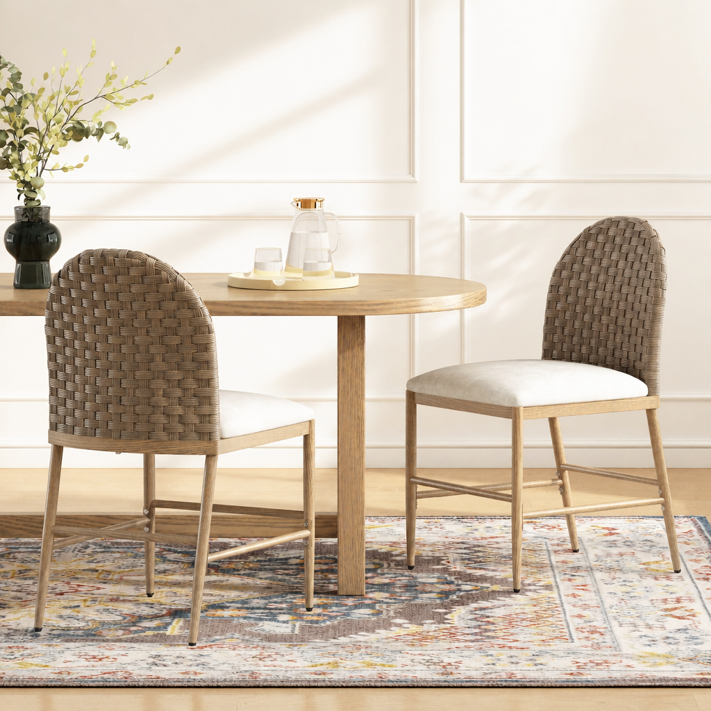 Farmhouse Dining Chairs Set Of 2, Upholstered Kitchen Chairs Armless Iron Side Chair With Rattan Backrest For Dining Room ,Restaurant,Brown