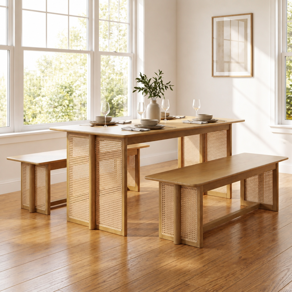 Natural Color  Rubber Wood Dining Set with Plastic Rattan – 1 Table + 2 Benches, Indoor Mid-Century Dining Room Furniture