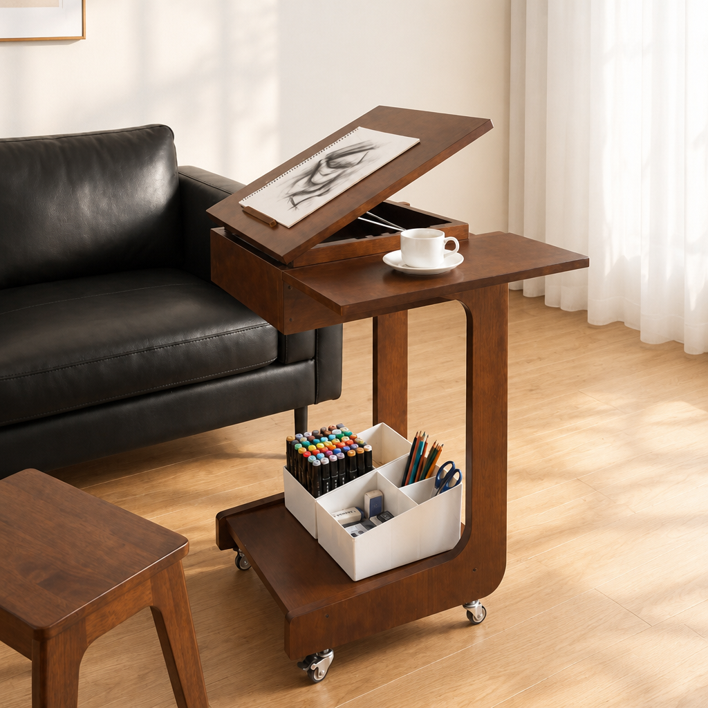 Solid Wood C Shaped End Table, Rolling Side Table With Adjustable & Foldable Desktop, Couch Table With Laptop Stand For Couch, Living Room, Bedroom, Office Walnut