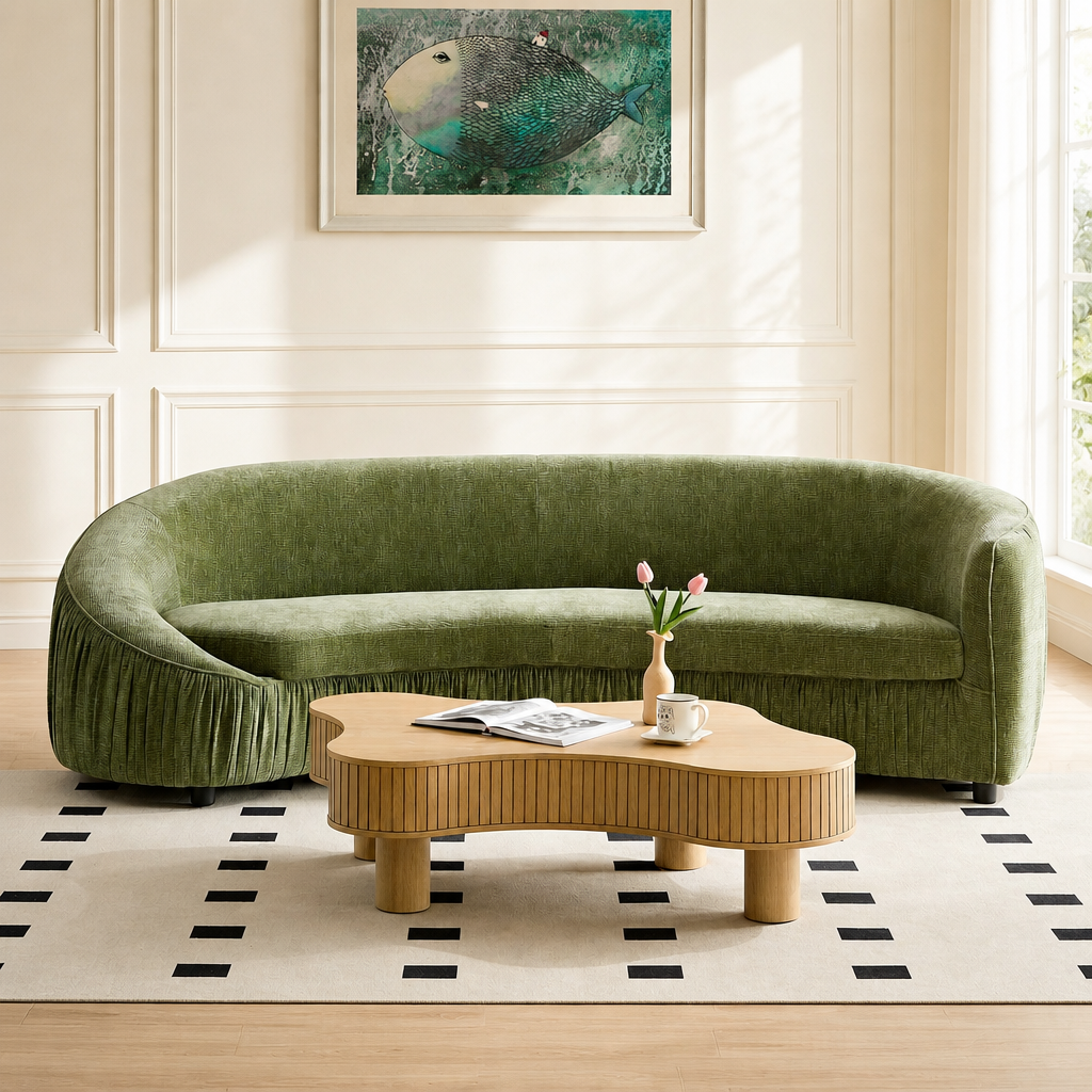 92.13 Inch Modern Design Curved Shaped Sofa Couch For Living Room,Upholstered Fabric 4-Seat Sofa No Need To Assembly Couch For Apartment,Green