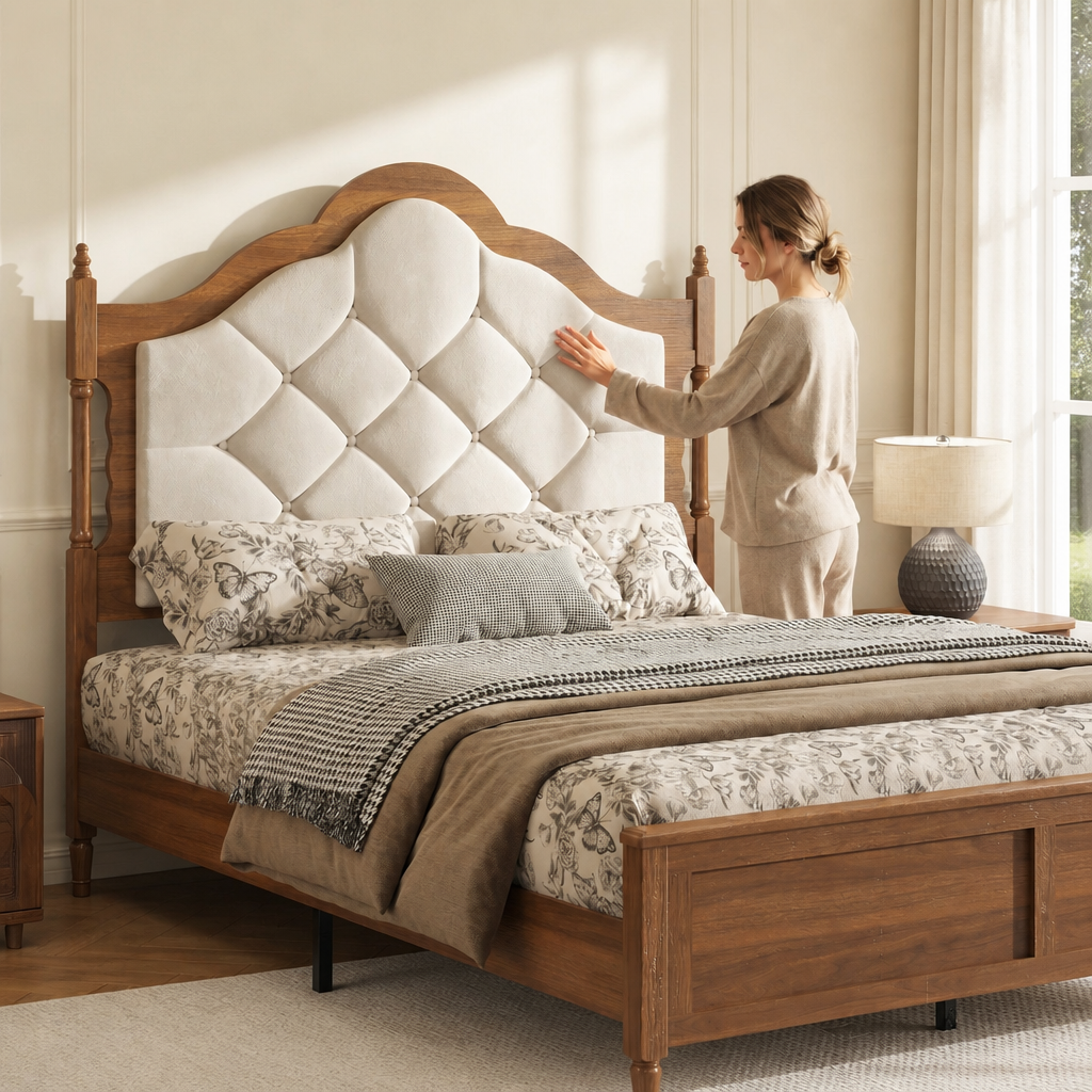 Queen Size Wood Bed Frame With Upholstered Headboard & Footboard, Brown