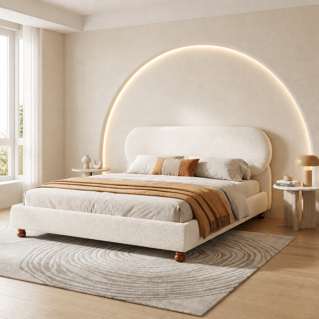 Cream-colored Boucle Upholstered Bed With Rubber Wood Foot ,Queen