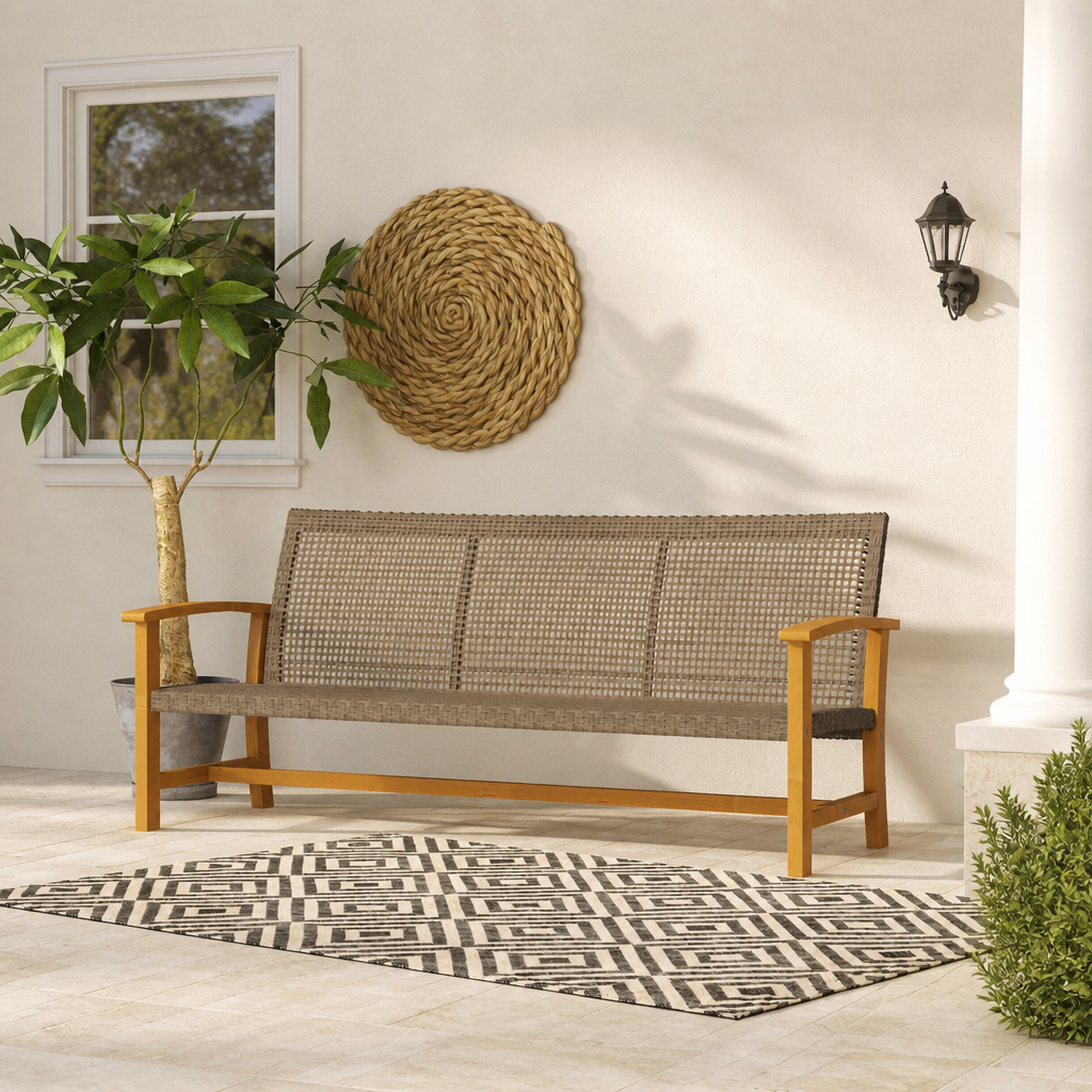 3-Seat Wicker Outdoor Couch Patio Sofa, Acacia Wood Patio Furniture with Steel Seat Armrests, 1000 LBS Capacity, Teak