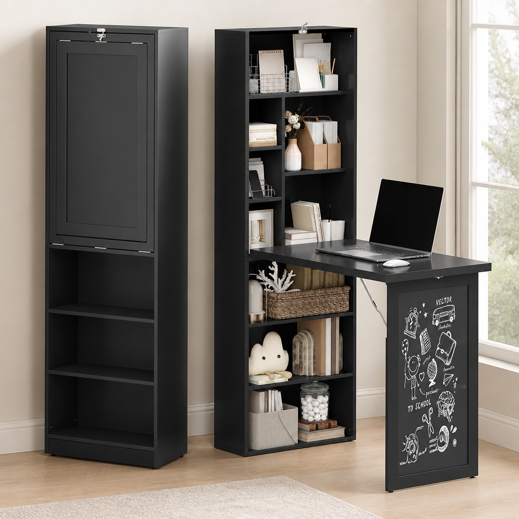 Old-out Convertible Home Office Desk, Wall Mount Computer Desk With Blackboard And Side Shelf, Black