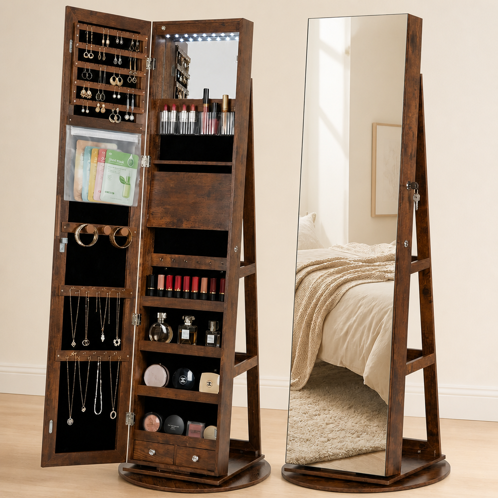 Freestanding Rotating Jewelry Armoire, Full Length Mirror Cabinet, Rustic Brown