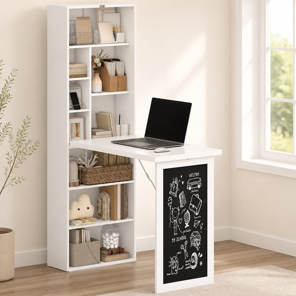 Fold-out Convertible Office Desk, Wall Mount Computer Desk With Blackboard And Side Shelf, White