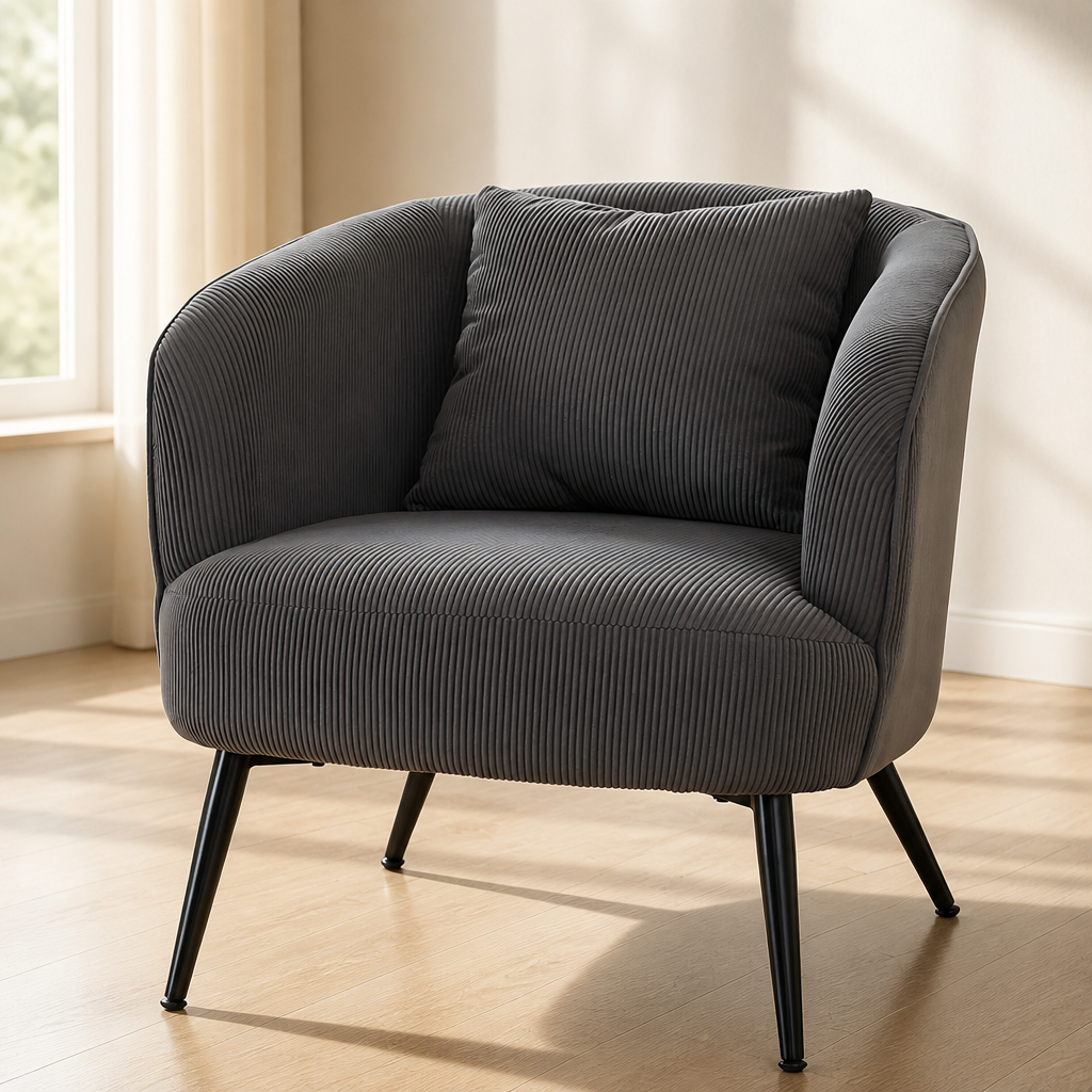 Velvet Accent Chair With Pillow, Modern Upholstered Armchair With Metal Legs, Comfy Barrel Chair For Living Room Bedroom