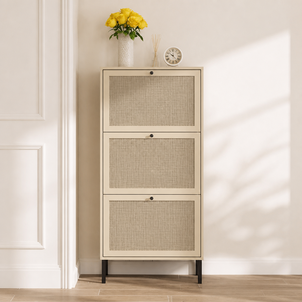 Rattan 3 Door Shoe Rack, Freestanding Modern Shoe Storage Cabinet, For Entryway