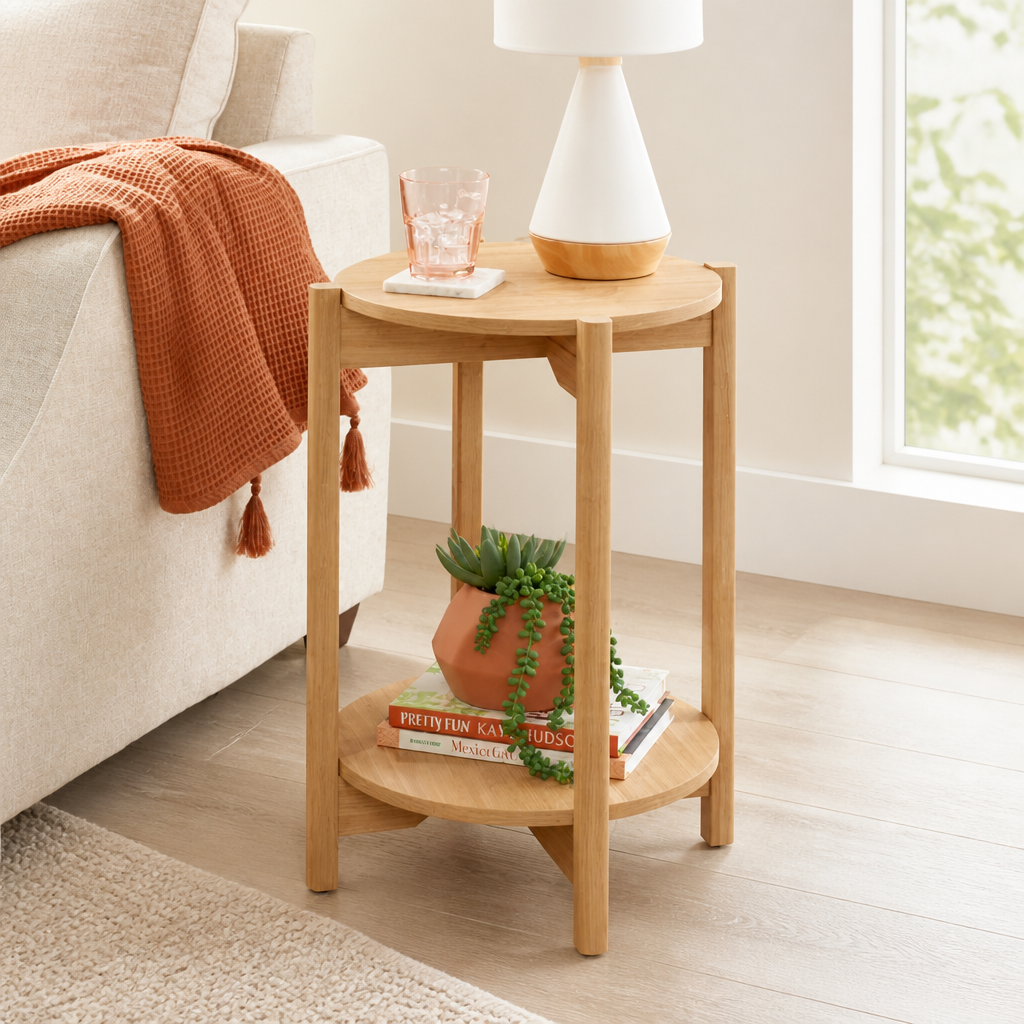 Round Modern Dowel End Table, Natural Teak Finish