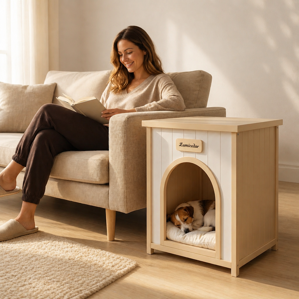 Modern Indoor Wooden Dog House with Removable Cushion – Solid Cedar Pet House for Small Dogs & Cats, Furniture-Grade Scandinavian Design